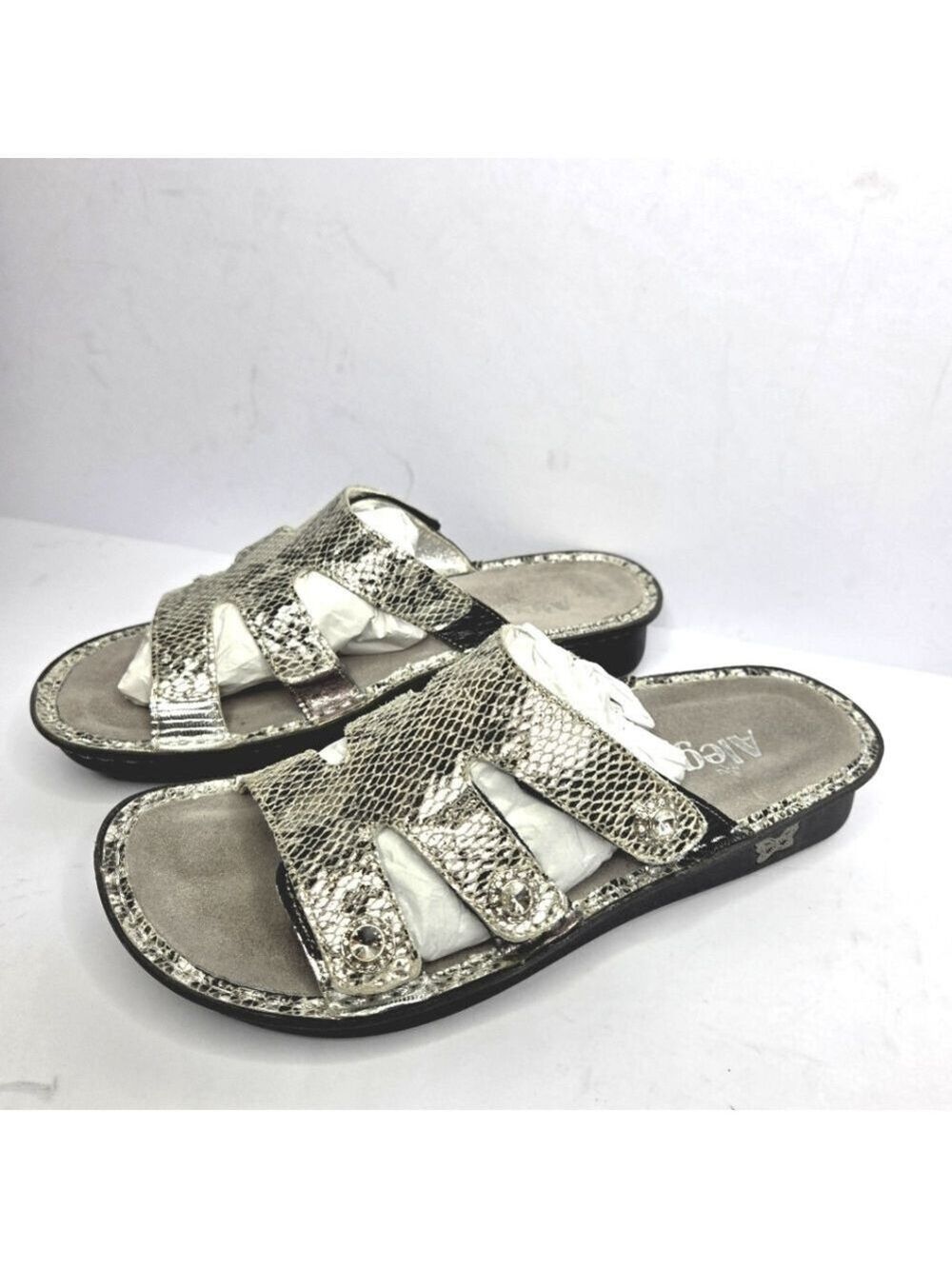 Alegria Venus Pewter Gleam Silver Sandals Strappy Leather Sandals Womens Size 38